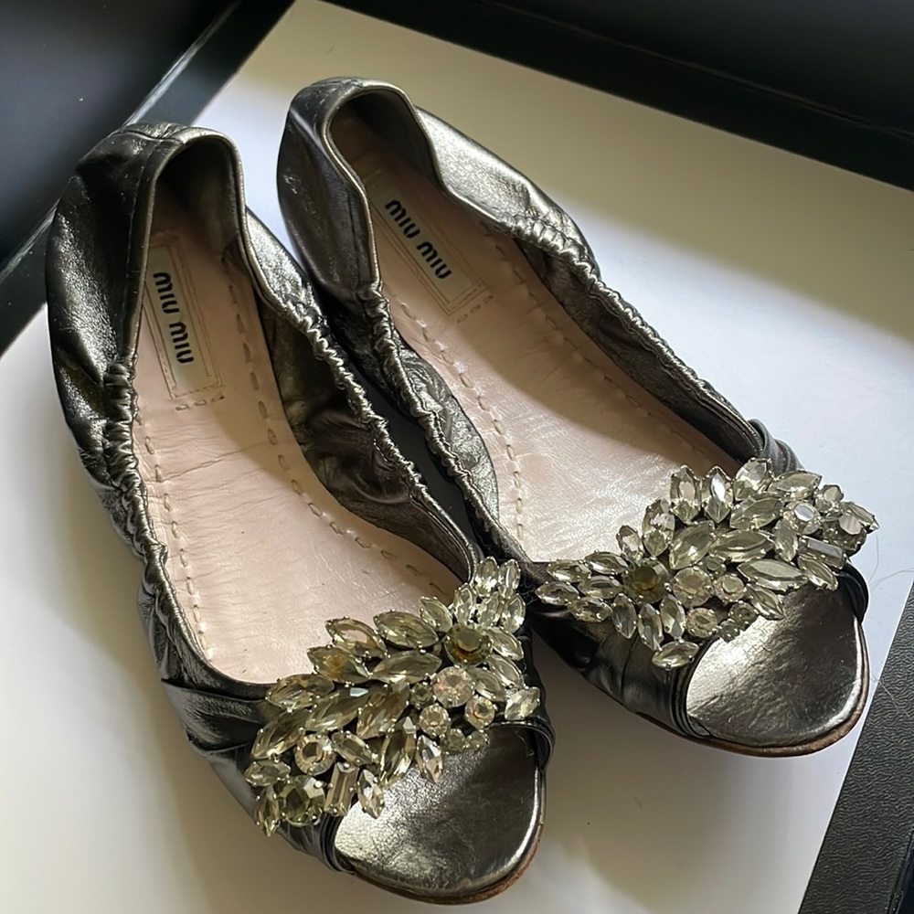 Miu Miu Silver Crystal Embellished Peep-Toe Flats